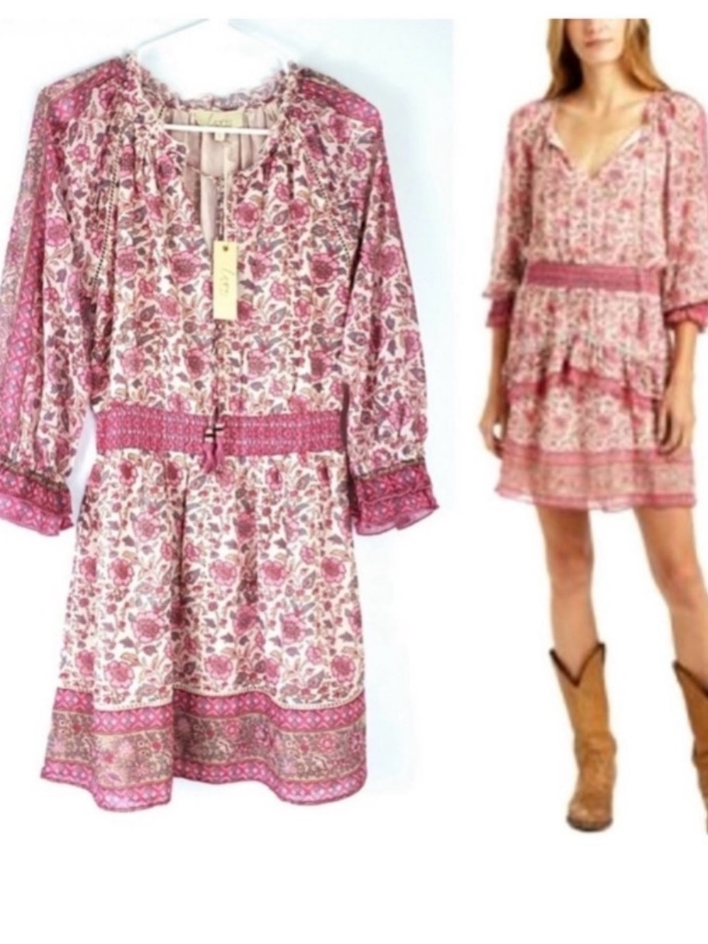Anthropologie Love The Label Pink Tippy Border Floral Boho Tassels Dress S Sam